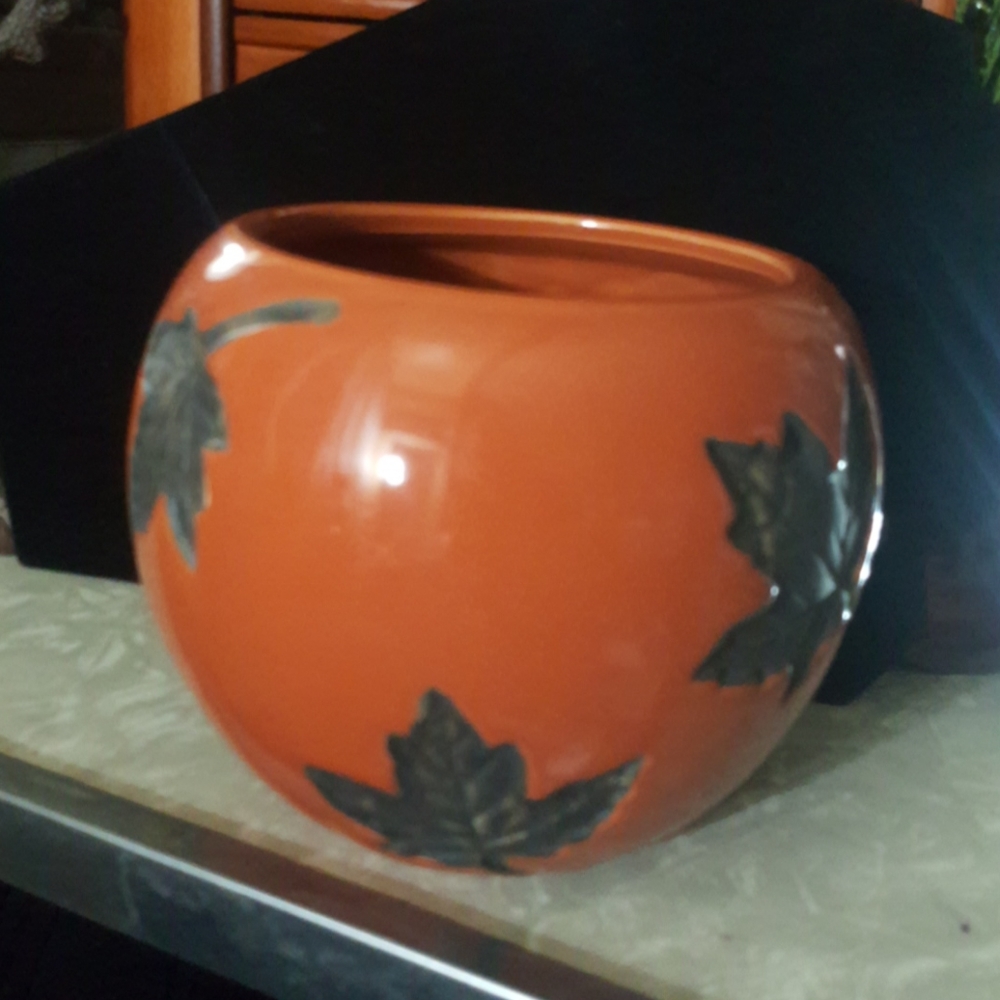 Ceramic Orange Flower Pot/Bowl with Black Leaves